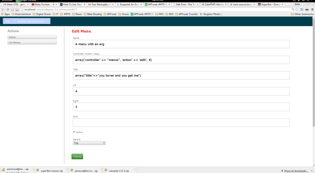 CakePHP Editable Table Based Dynamic Superfish JQuery Menus ( Toggen