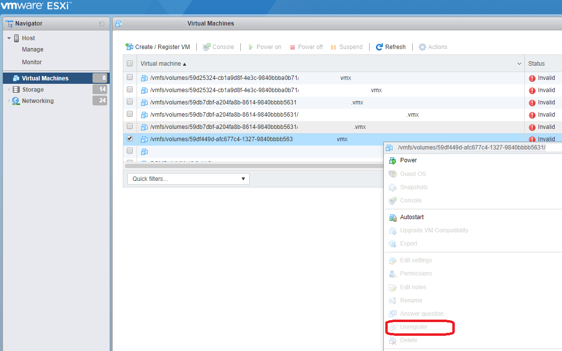 VMware ESXi 6.5 How to remove invalid virtual machine in web client