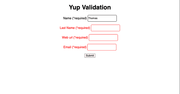 Validate multiple fields using yup.