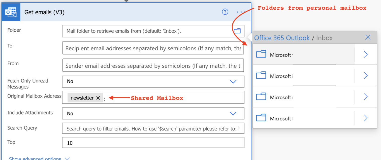 How to 'Get emails' from a folder in a shared mailbox with Power Automate