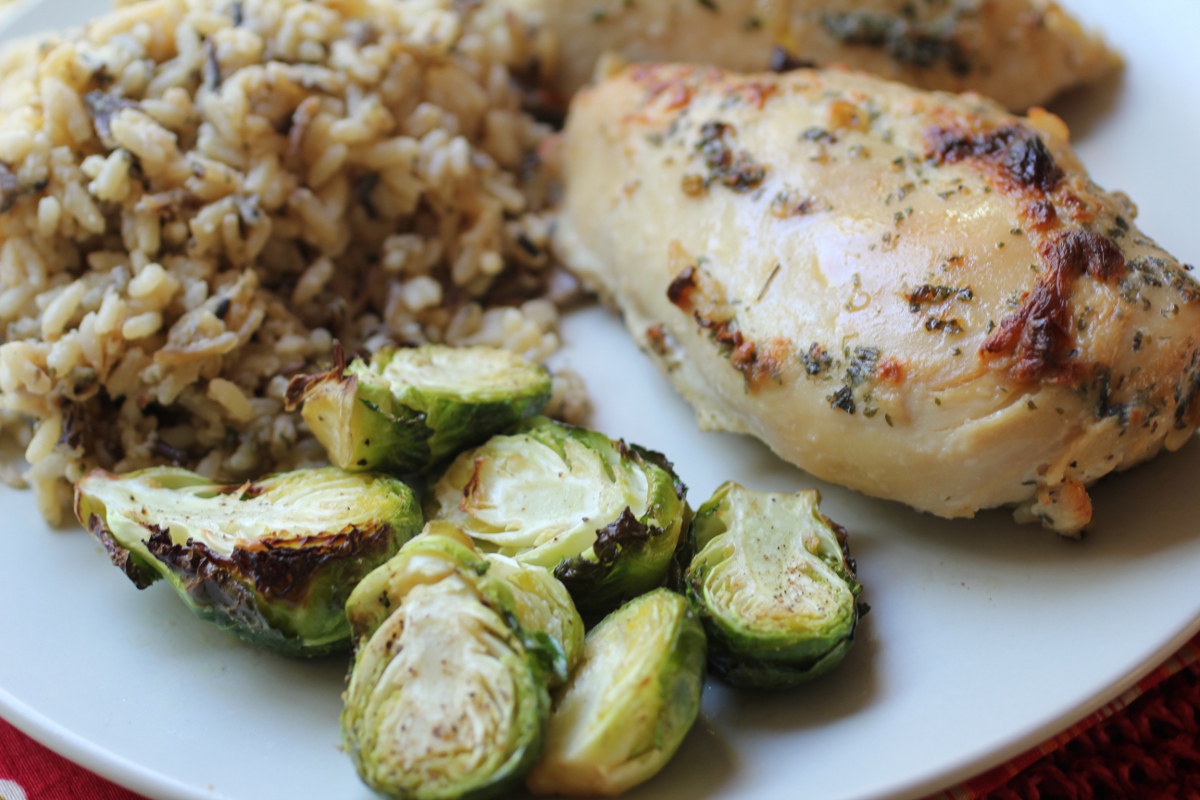 Wild Rice & Chicken Casserole with Roasted Brussels Sprouts Toni Spilsbury