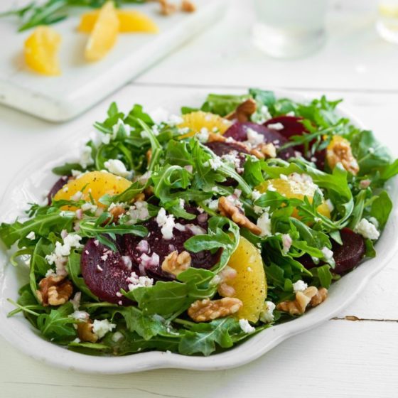 Healthy Eating—Beet Salad with Oranges, Walnuts, and Goat Cheese