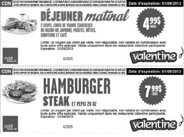 Des coupons rabais imprimables chez restaurant Valentine!