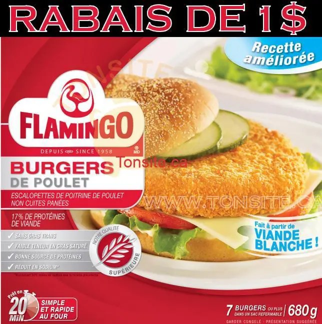 Coupon rabais de 1 sur un emballage de Burgers de poulet Flamingo