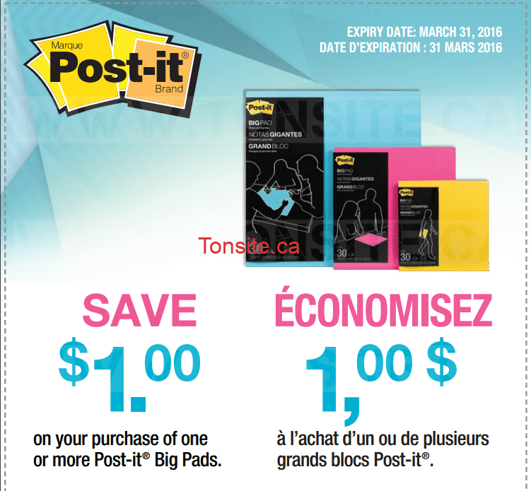 Coupon rabais de 1 sur un ou plusieurs grands blocs Postit