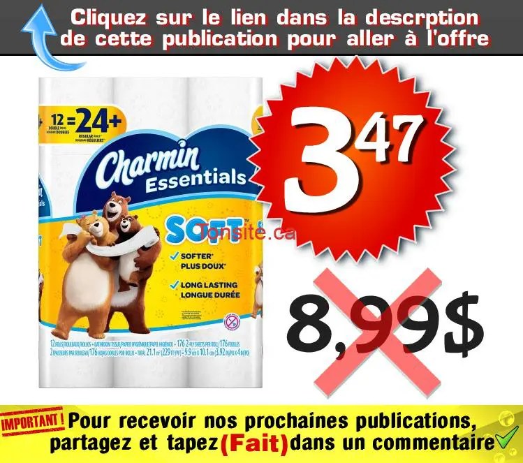 12 rouleaux doubles de papier hygiénique Charmin à 3,47 au lieu de 8,99