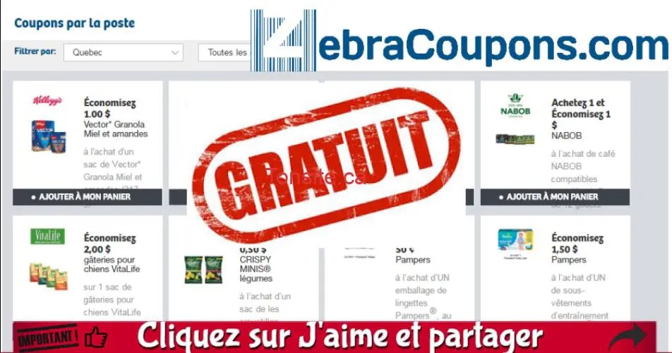 Recevez GRATUITEMENT par la poste une enveloppe de 56 coupons rabais ZebraCoupons
