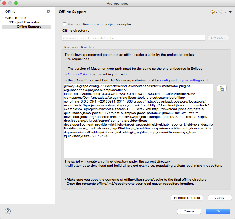 JBoss Tools Working offline with the project examples