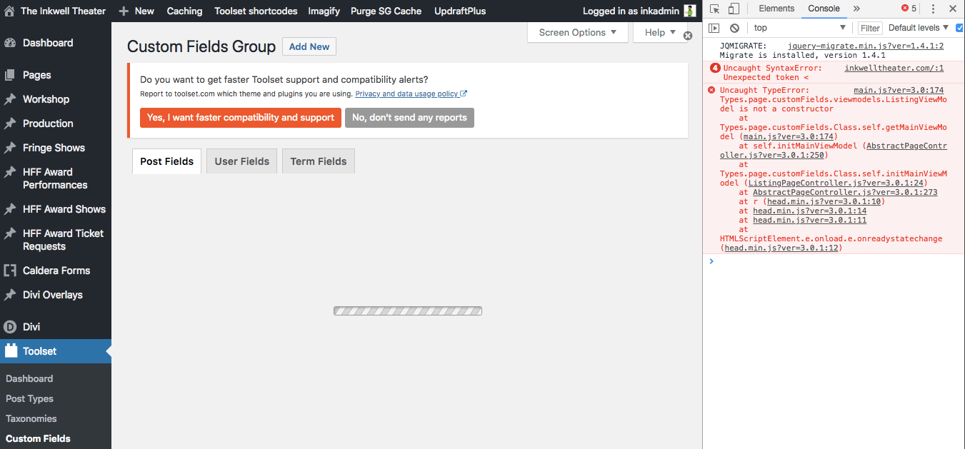Javascript error "undefined is not a constructor" Toolset