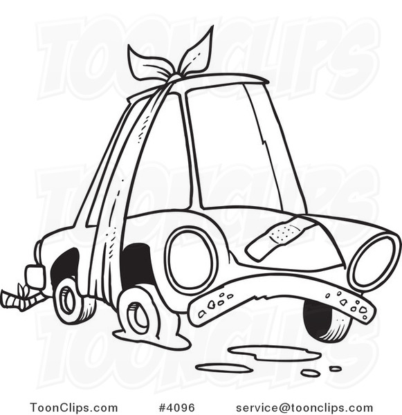 Cartoon Black and White Line Drawing of a Beater Car with Bandages and