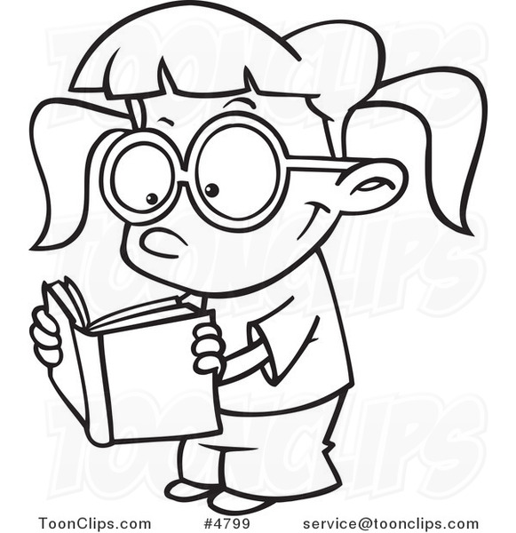 Cartoon Black and White Line Drawing of a Happy Girl Reading 4799 by Ron Leishman
