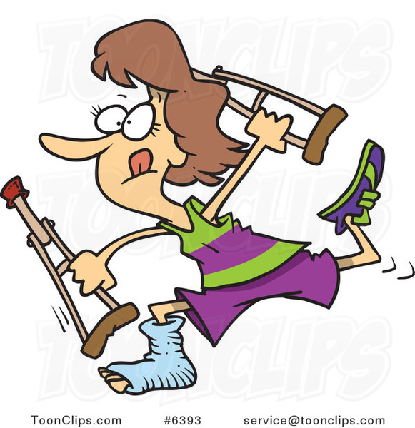 Cartoon Determined Lady Running with Crutches 6393 by Ron Leishman