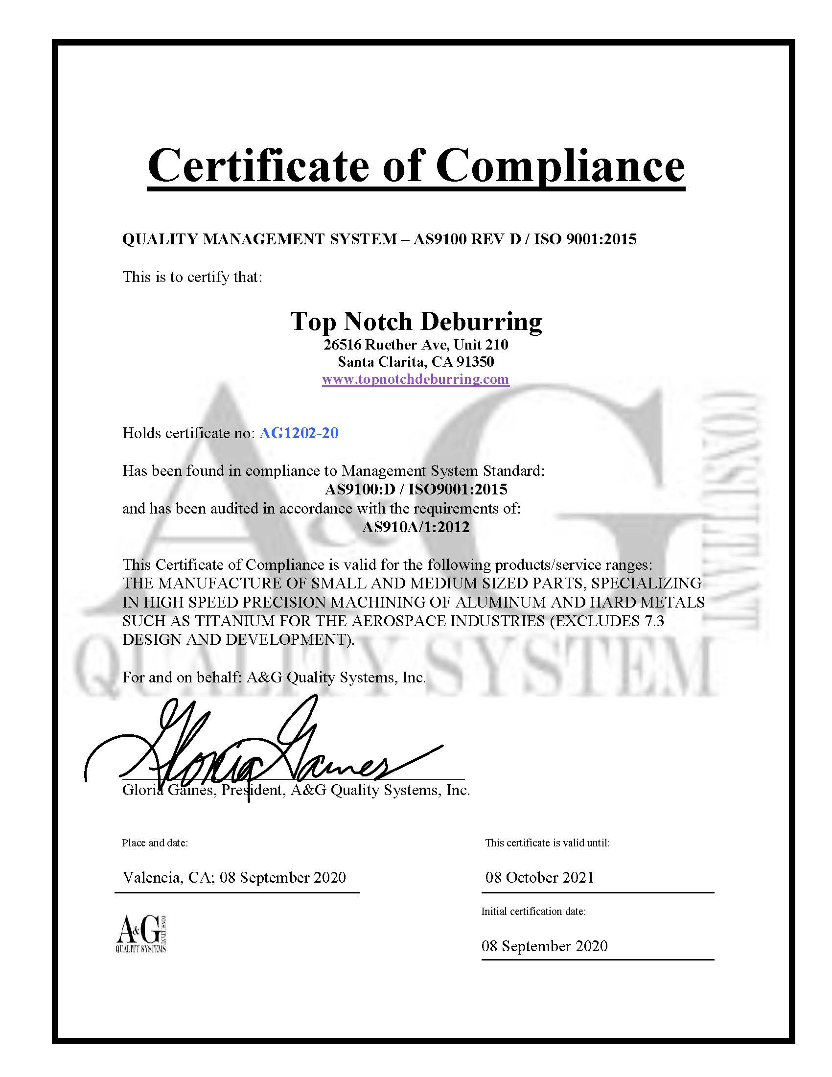 Certifications & Compliance Top Notch Deburring
