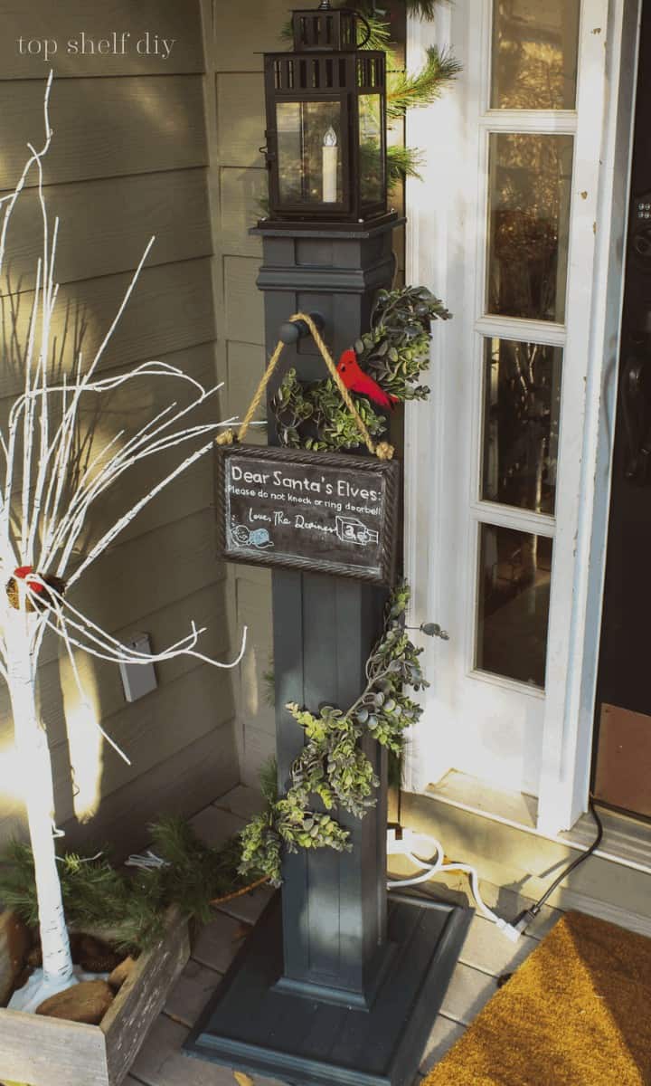 The Easiest Way to Make a Holiday Porch Lamp Post Top Shelf DIY