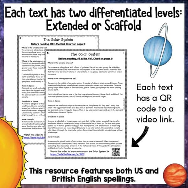 The Solar System Reading Comprehension Passages and Questions Space