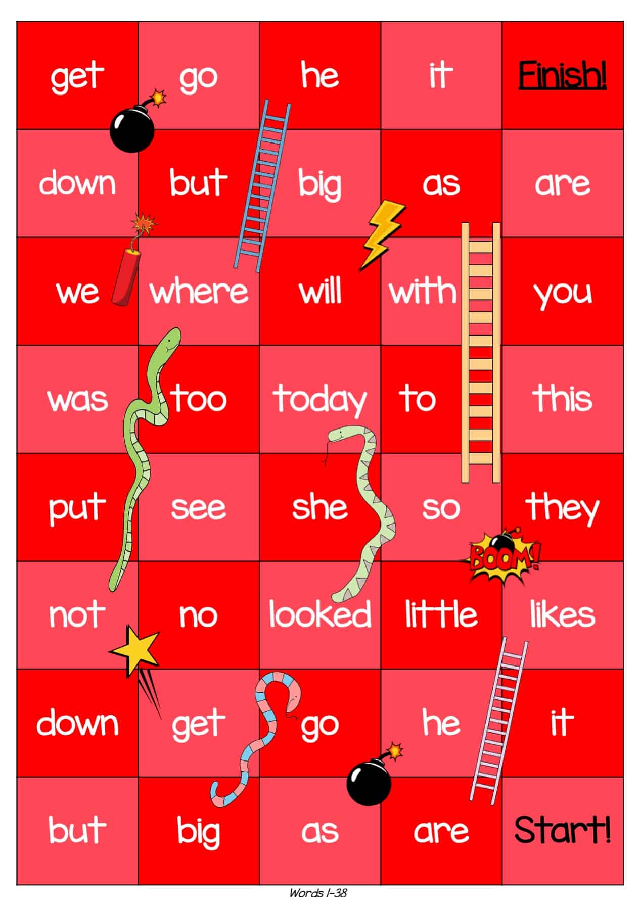 Sight Words Snakes and Ladders Magenta to Orange Levels Top Teaching