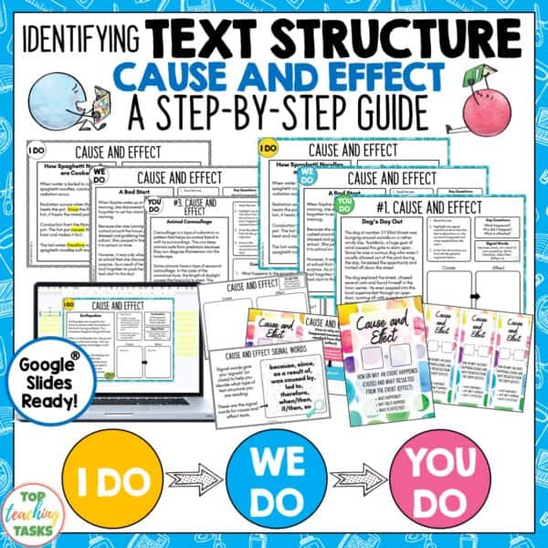 Cause and Effect Text Structure Passages, Graphic Organisers and