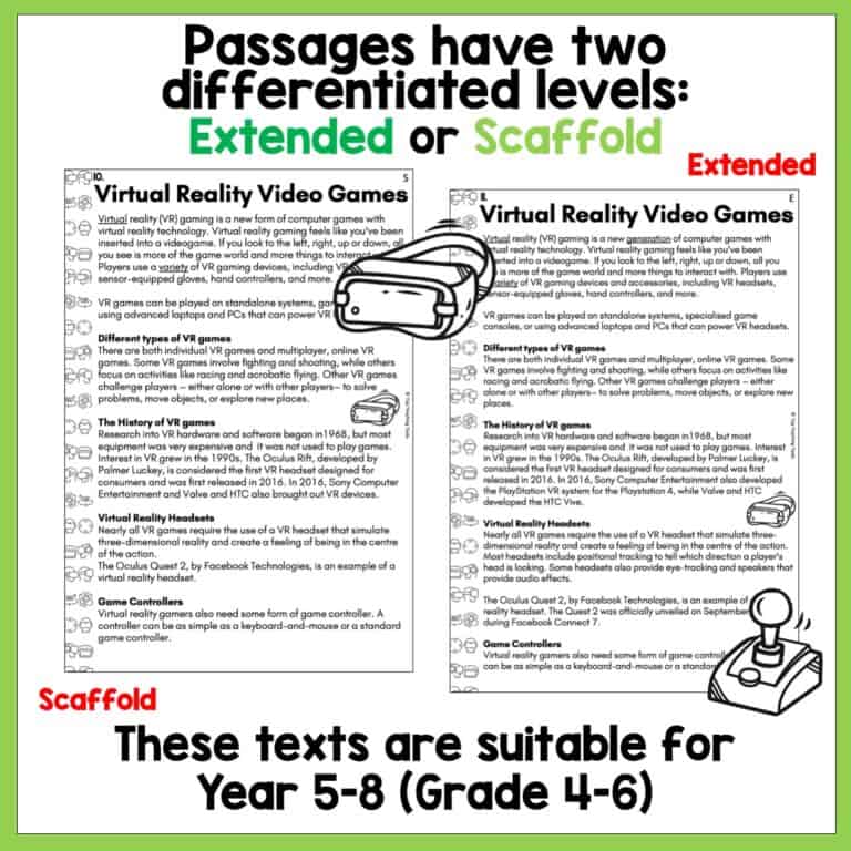 Virtual Reality Gaming Reading Comprehension Passages Video Games