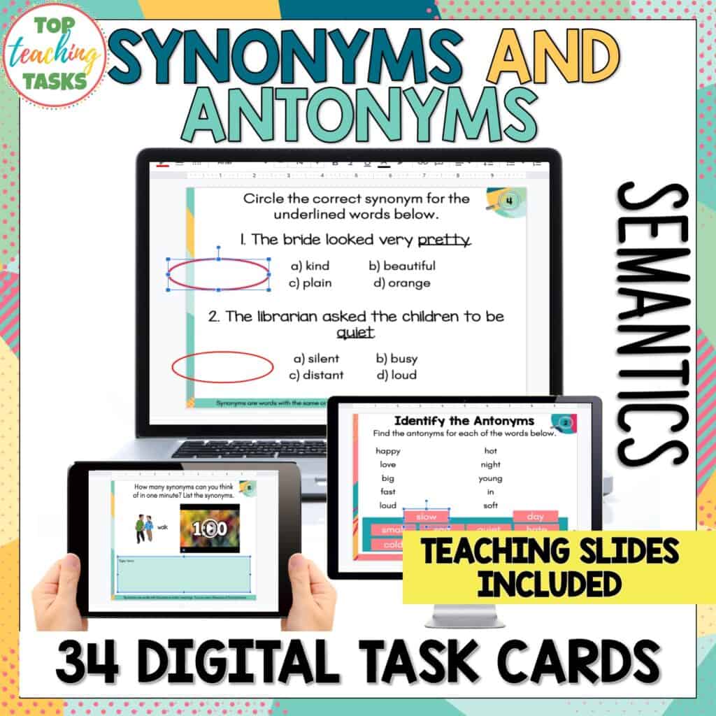 Synonyms and Antonyms Digital Task Card Activities Semantics