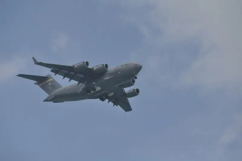 Nuclearcapable C17A military transport aircraft flies from the US to