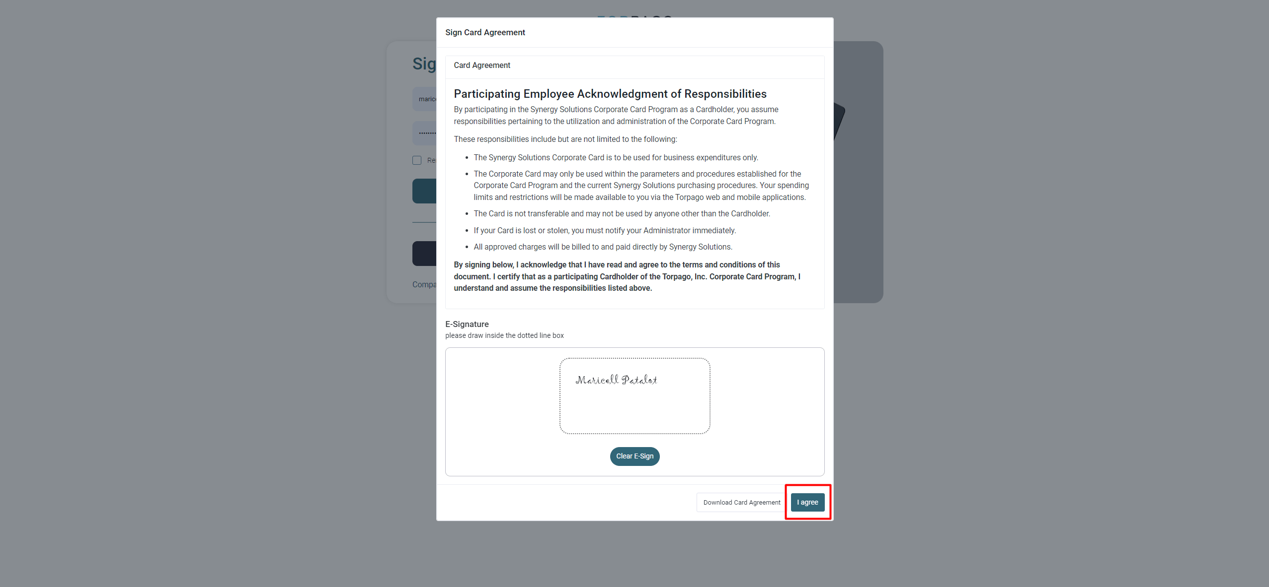 How to set Cardholder User Agreements? Torpago