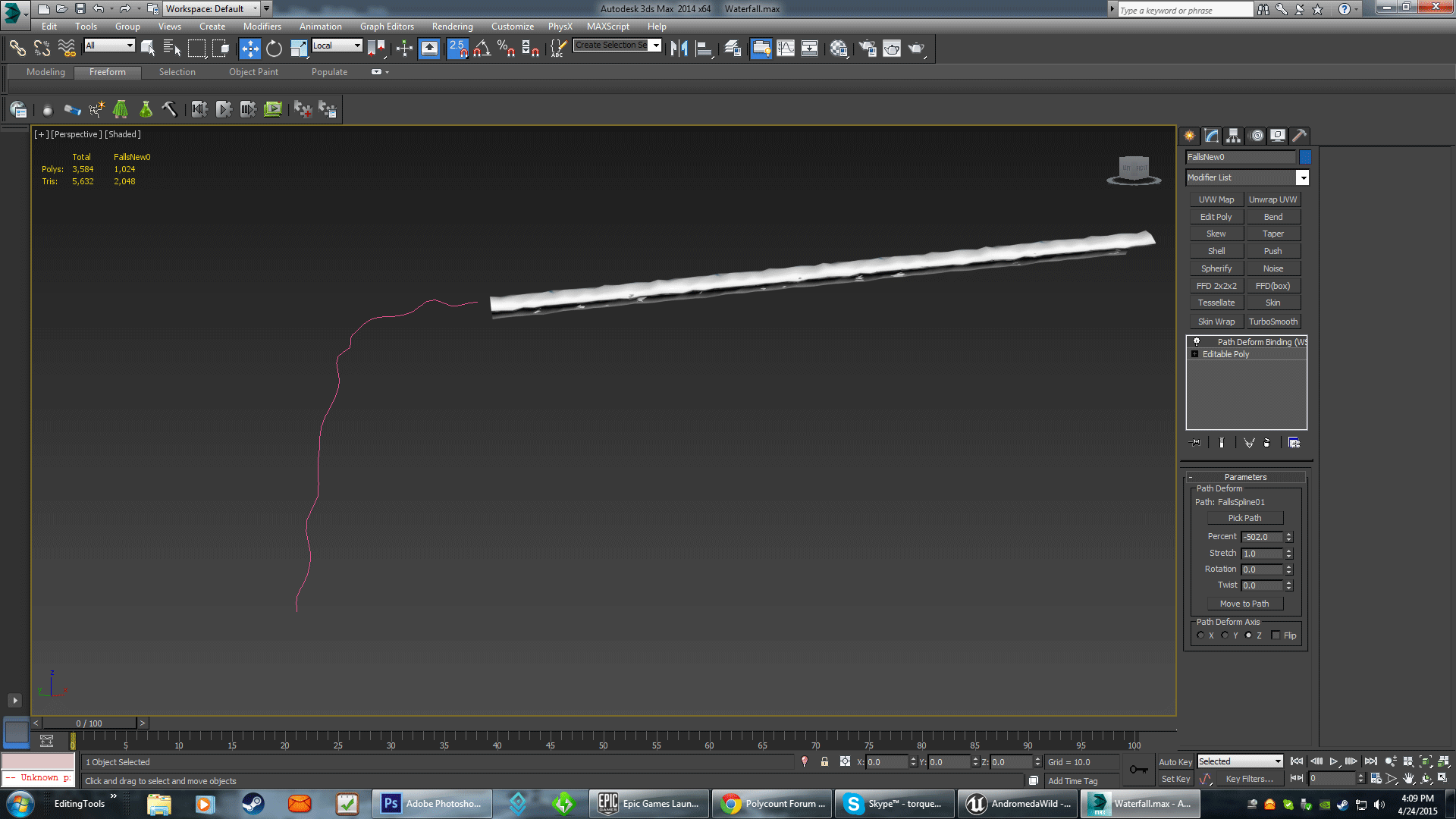 3DS Max 2014 Path Deform (WSM) only partially working — polycount