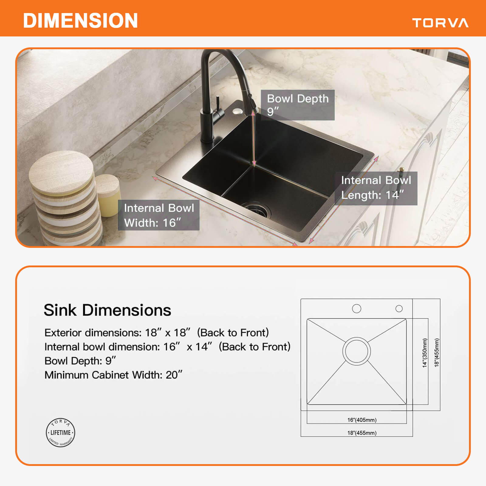 TORVA 18inch Dropin Topmount Bar Prep RV Sink Black 16 Gauge