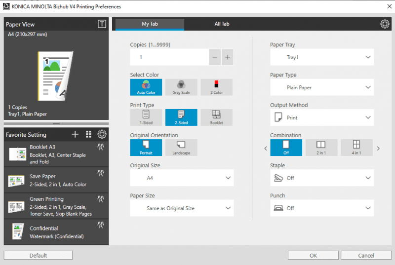 Changing default print settings in Windows T O Technology Konica
