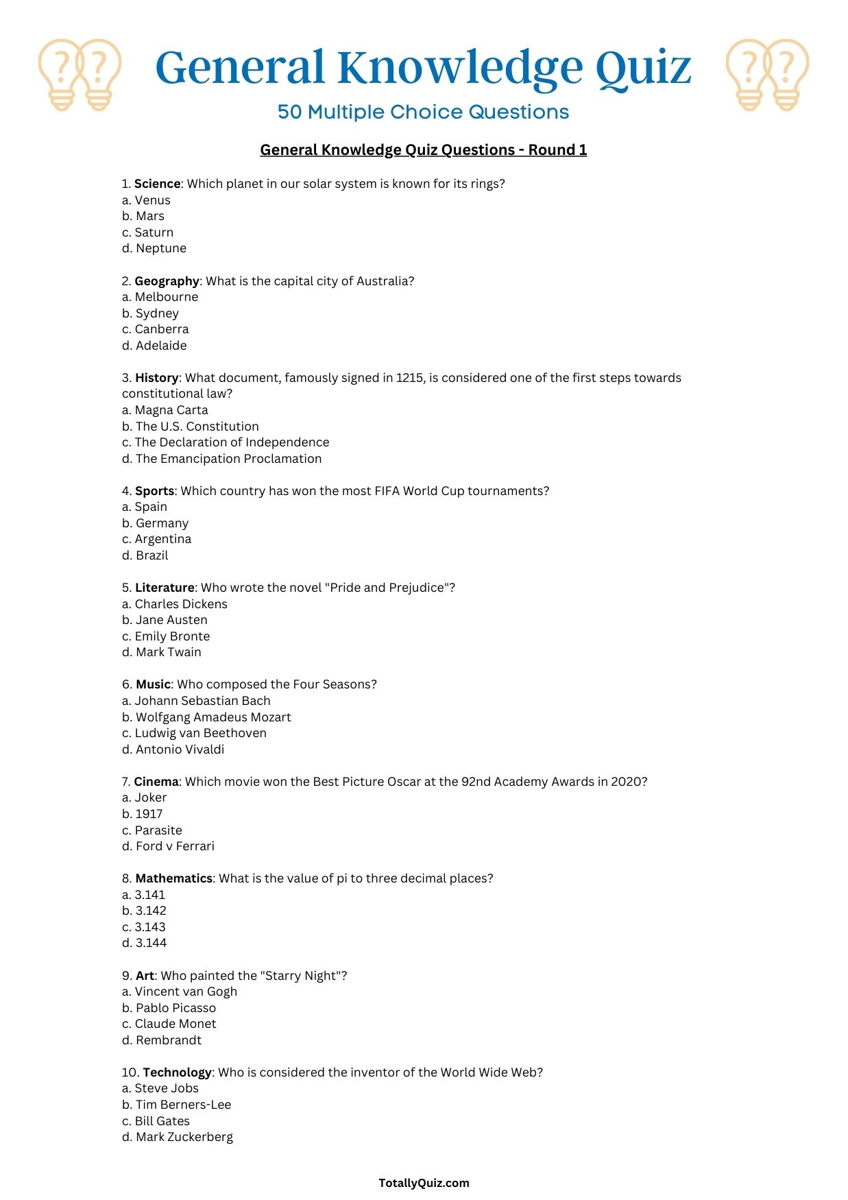 General Knowledge Quiz 50 Multiple Choice Questions [2023]