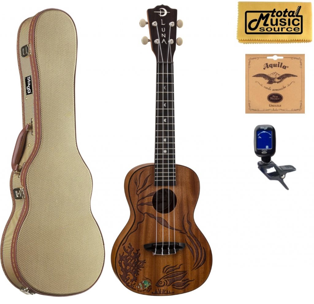 Luna Guitars Concert Ukulele UKE CORAL,Solid Mahogany, Tweed Case