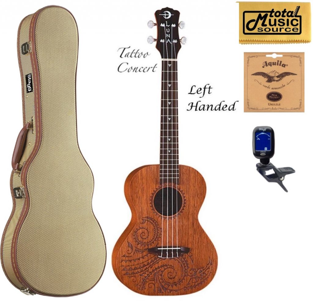 Luna UKE TC MAH L, Mahogany Tattoo Concert Ukulele LEFTY, Tweed Case