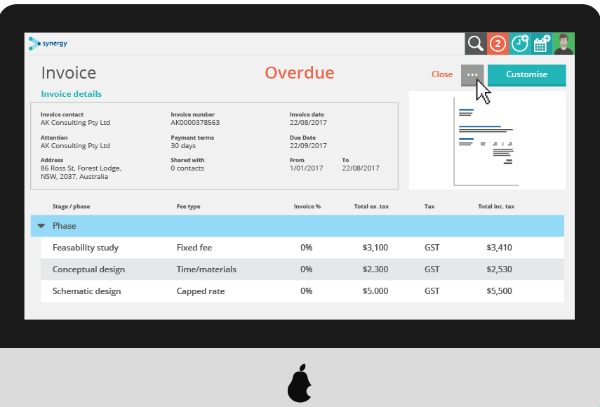 Produce detailed project invoices effortlessly, with Synergy invoices