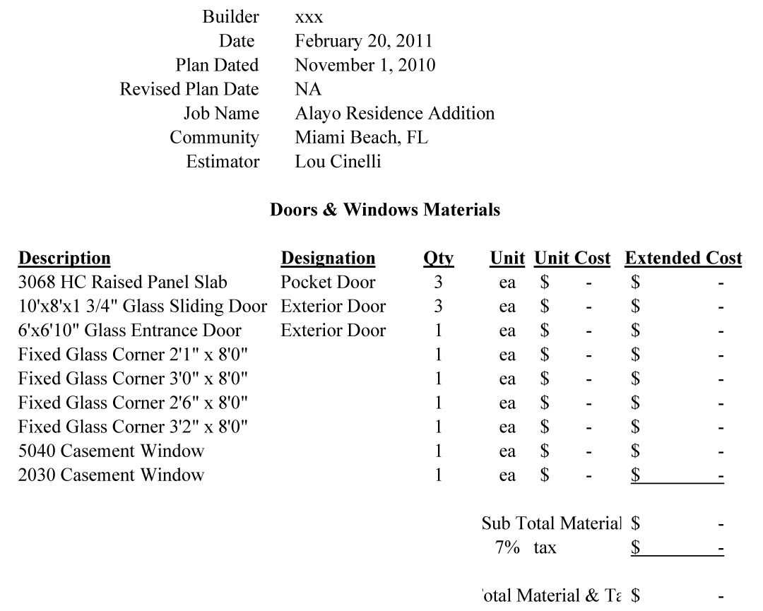 Additions Construction Estimate Sample