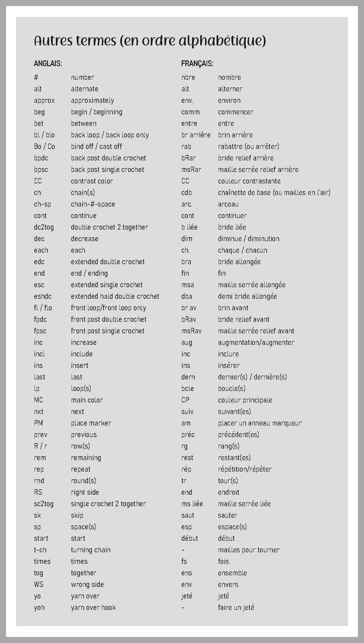 Lexique des termes de crochet (anglais/français) Tout simplement maman
