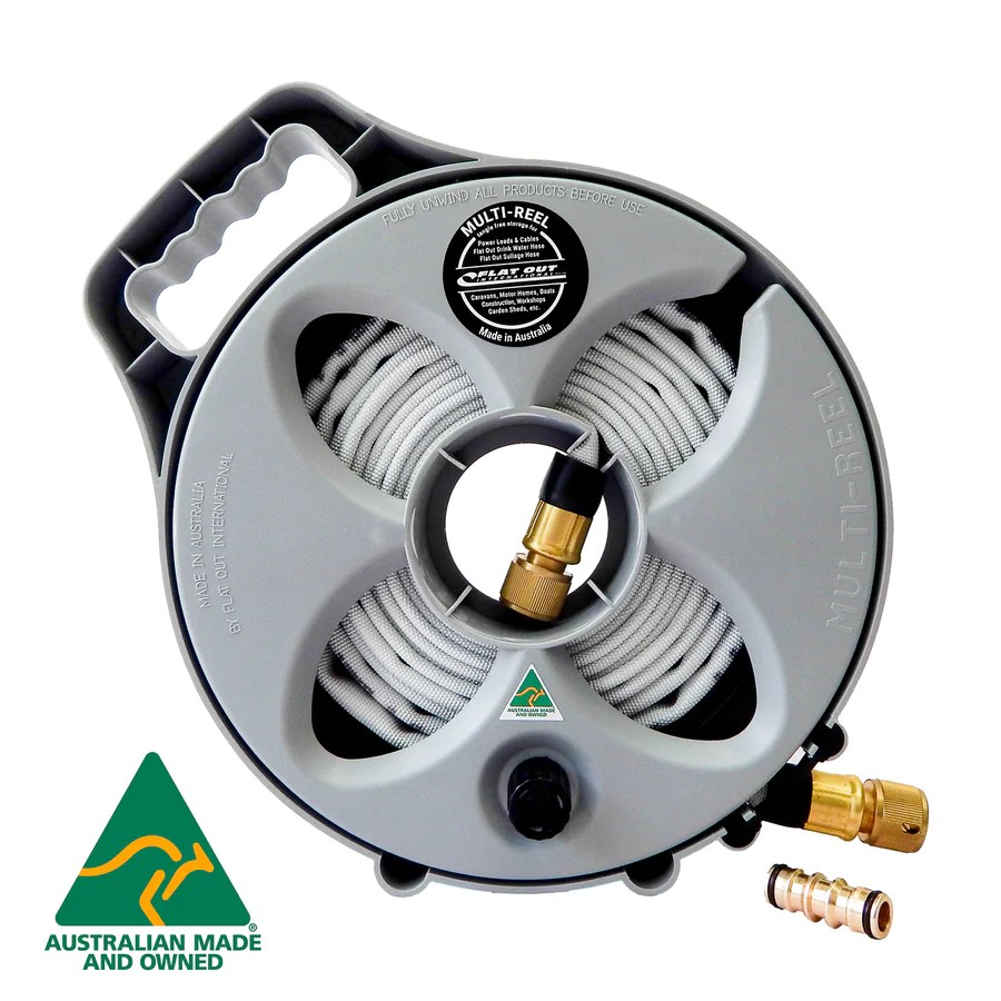 FLAT OUT DRINK WATER HOSE REEL 5M EXTENSION ON COMPACT GREY Towing