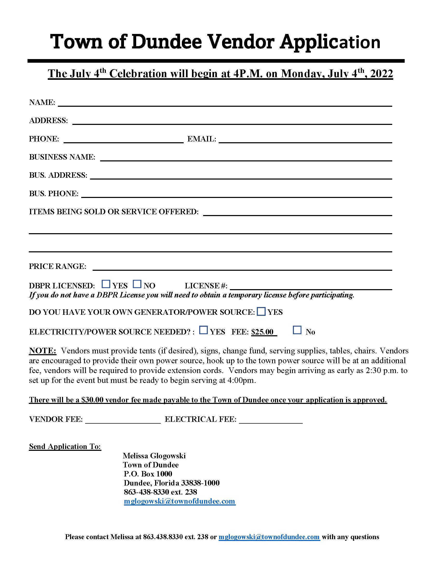 FOOD VENDOR APPLICATION Town of Dundee, Florida