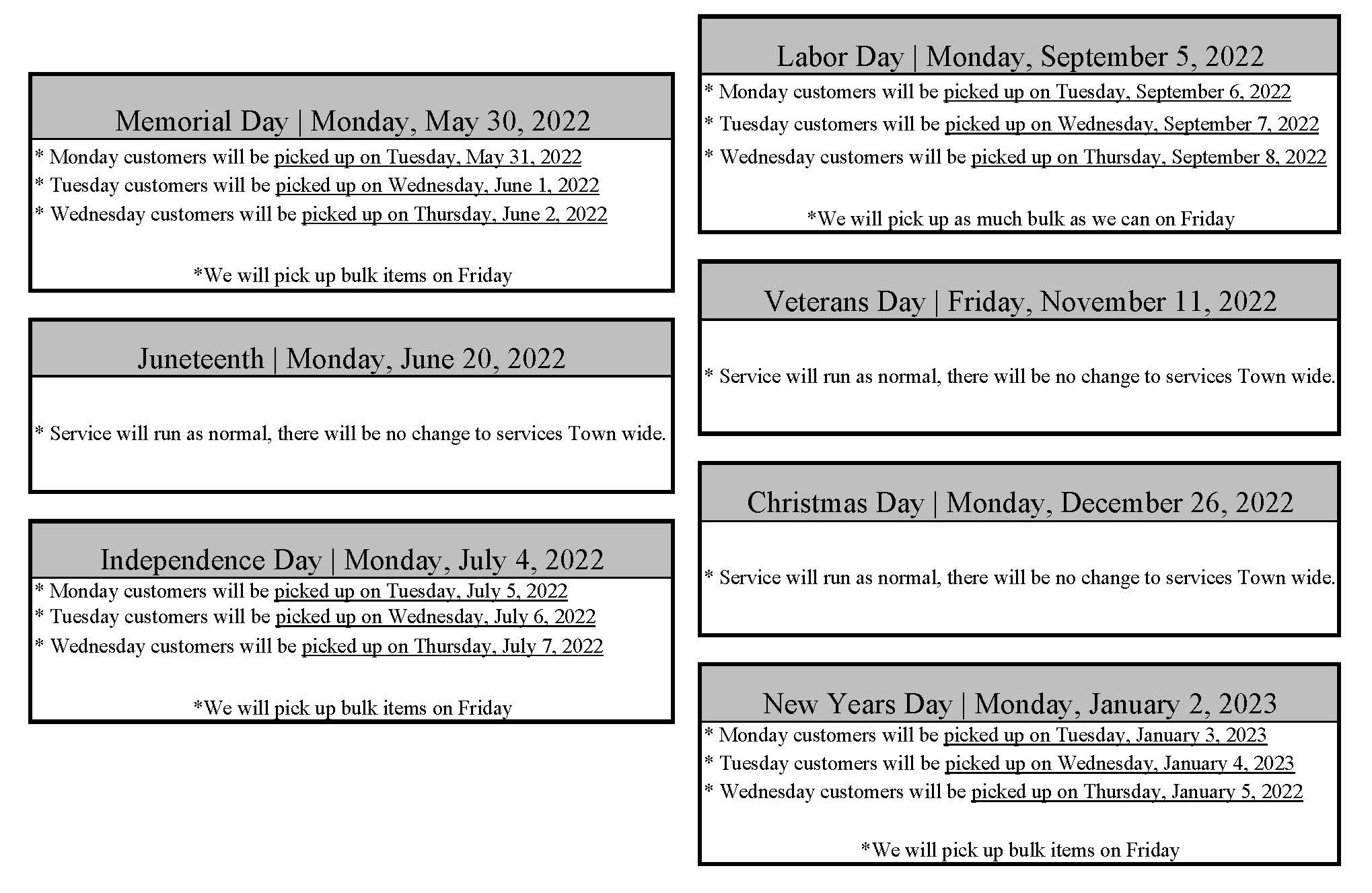 2022 Holiday Sanitation schedule Town of Dundee, Florida