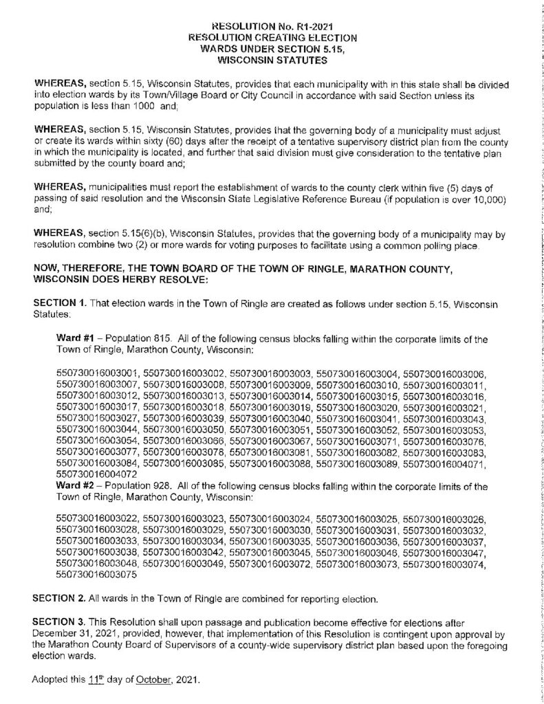 Wards Resolution R12021 Town of Ringle