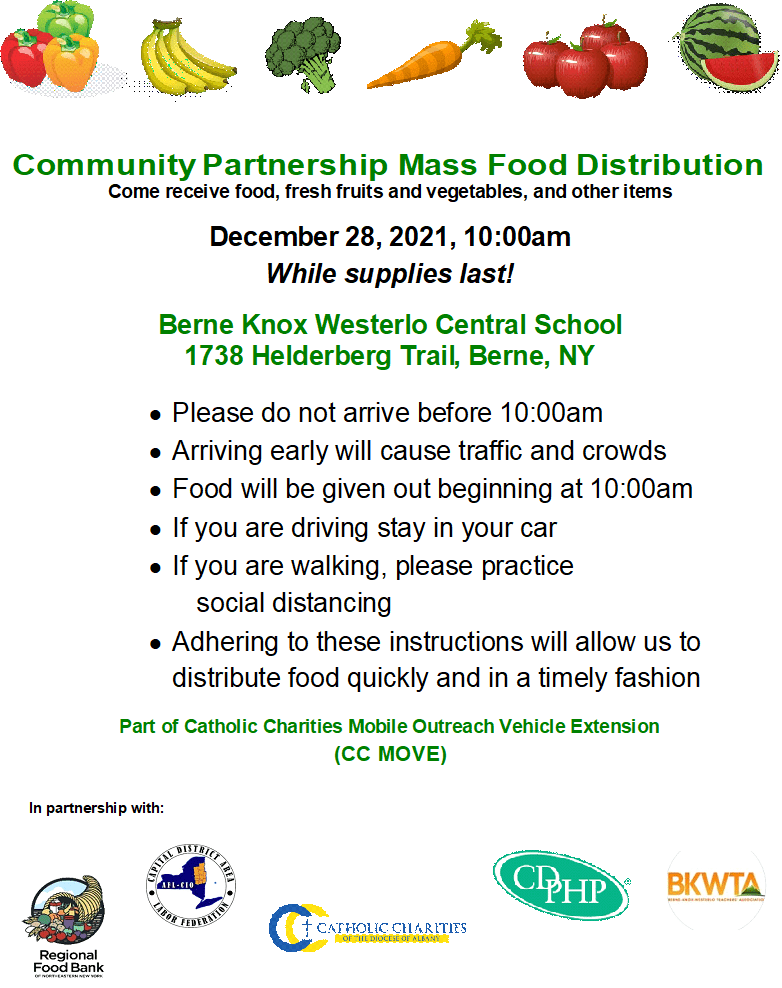 Community Partnership Mass Food Drive In on December 28th, 2021 at 1000 AM Town of Westerlo