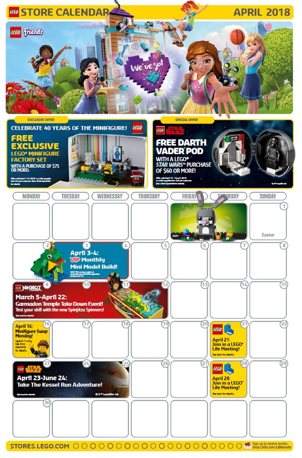 April 2018 LEGO Brand Retail Store Calendar Toys N Bricks
