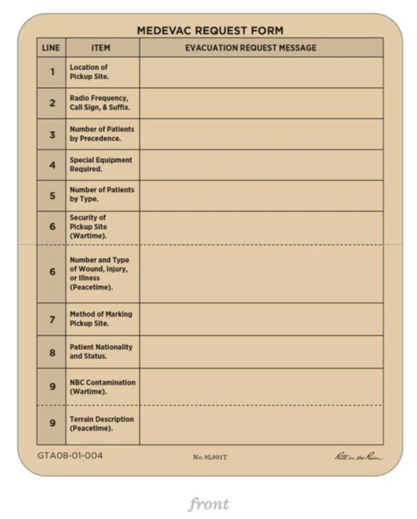 9LINE MEDEVAC Cards Rite in the Rain Weatherproof The Professional