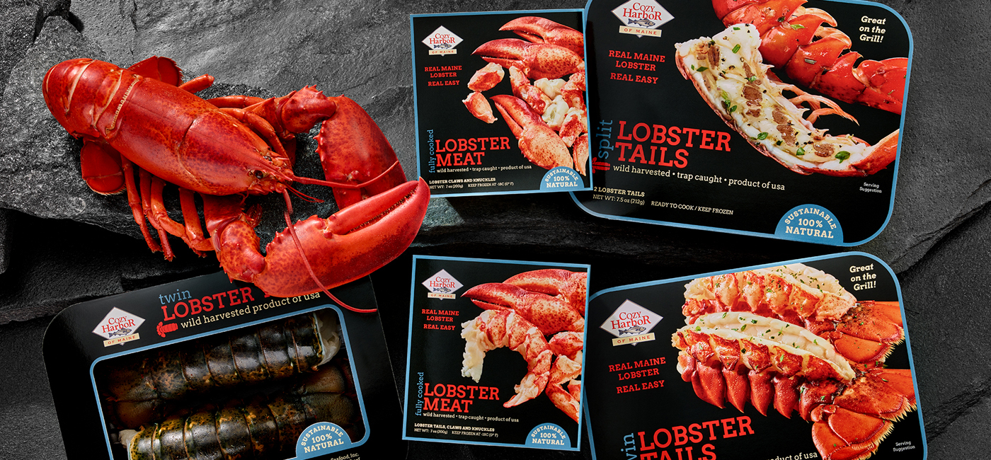 Packaging for the Cozy Harbor Seafood brand of frozen food products.