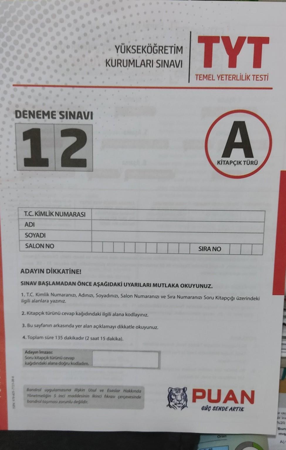 puan yayınları tyt 12.deneme sınavının cevap anahtarı var mı?