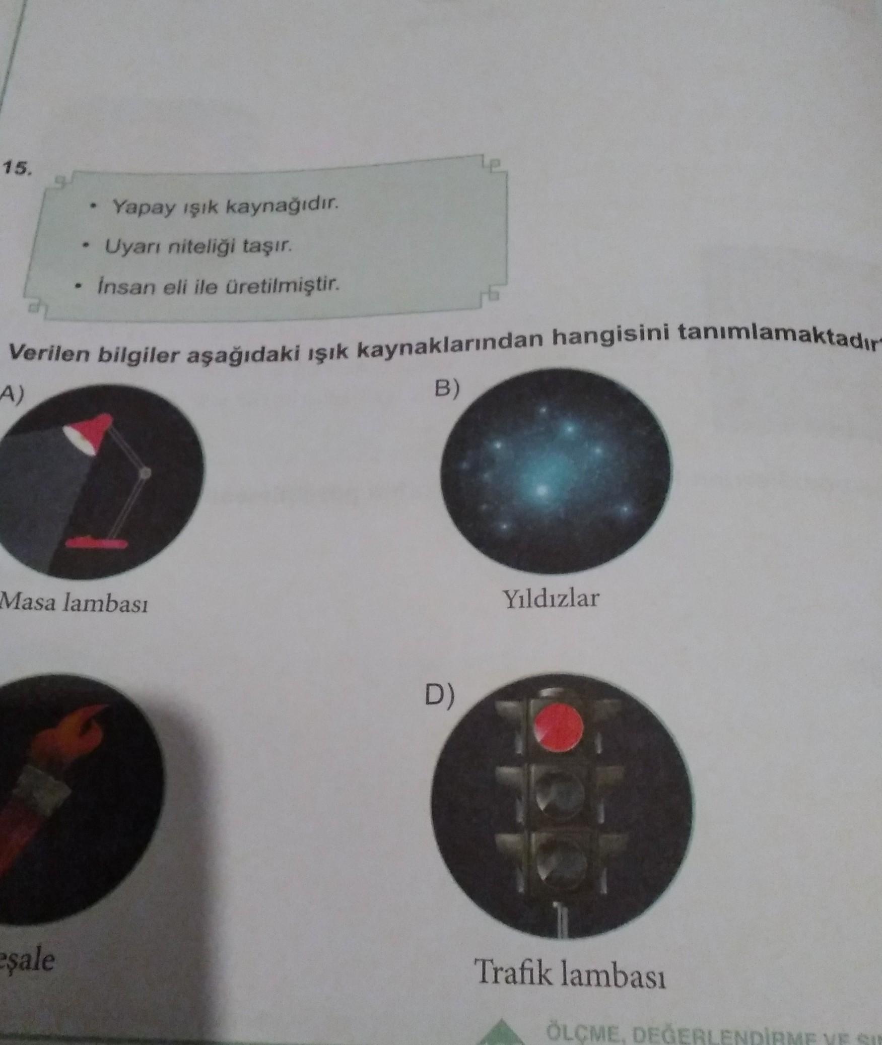 CJ 15. . Yapay ışık kaynağıdır. Uyarı niteliği taşır. Insan eli ile üretilmiştir. Verilen
