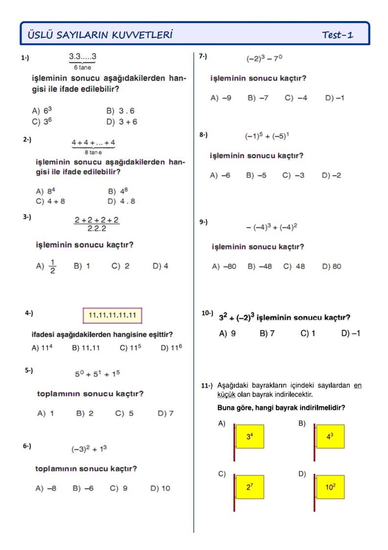 Üstlü sayılarla ilgili çözümüyle birlikte test atarmisiniz en iyi
