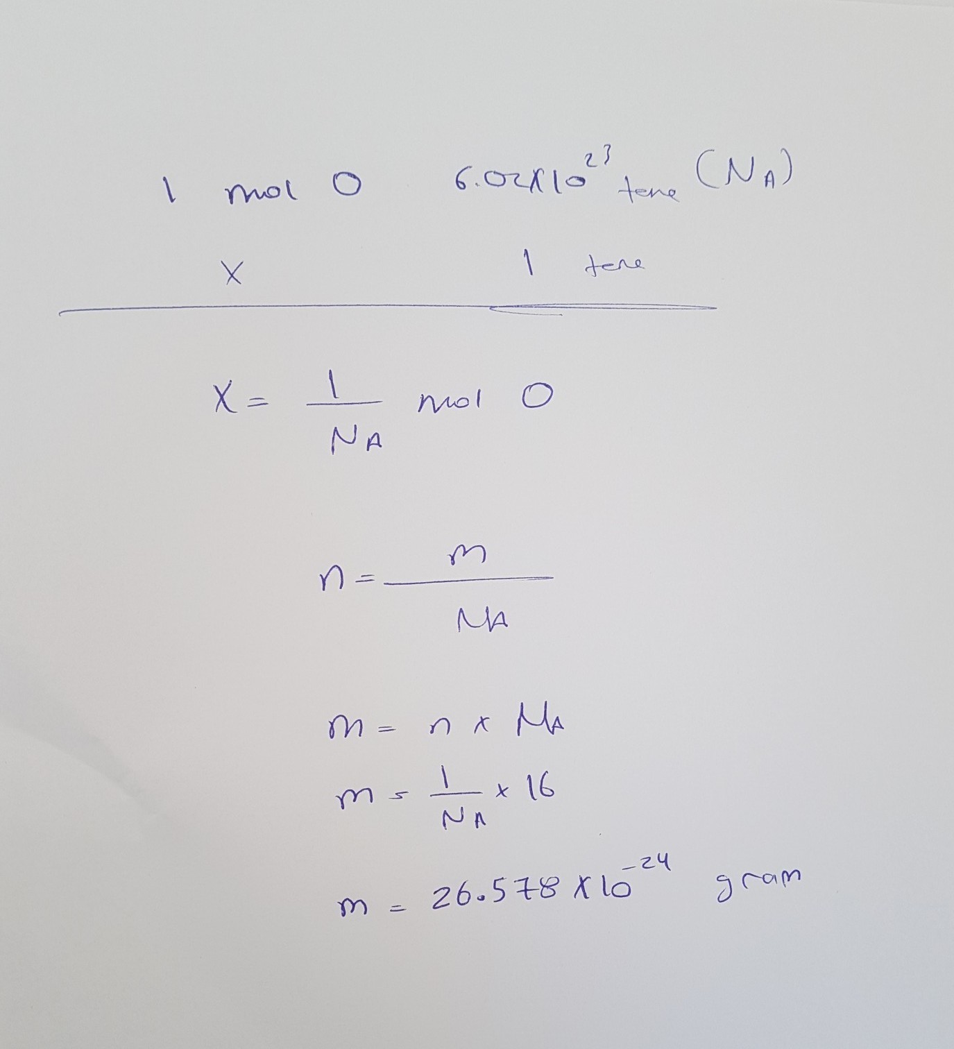 1tane O atomu kaç gramdır? (O16) (1 mol NA tane)
