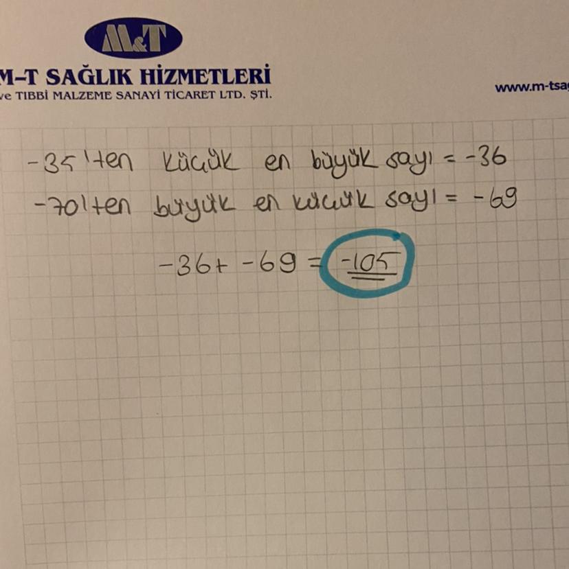35'ten küçük en büyük tamsayı ile 70 den büyük en küçüktam sayının