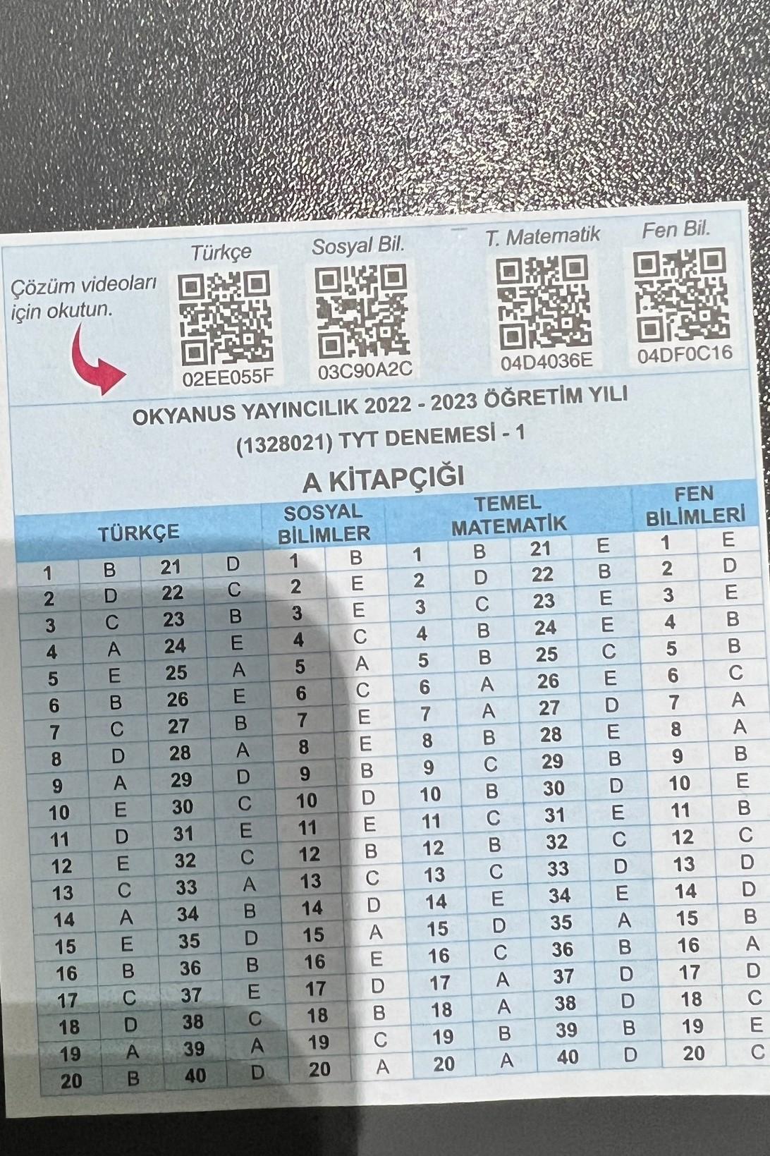 Okyanus yayınları 40 seans TYT deneme1 cevap anahtarı var mı