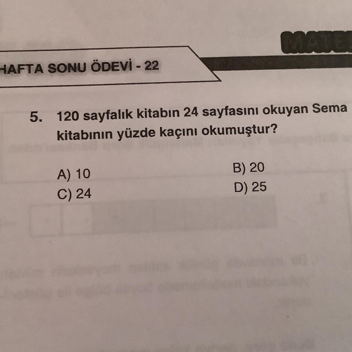 “120 sayfalık kitabın 24 sayfasını okuyan Sema kitabının yüzde kaçını
