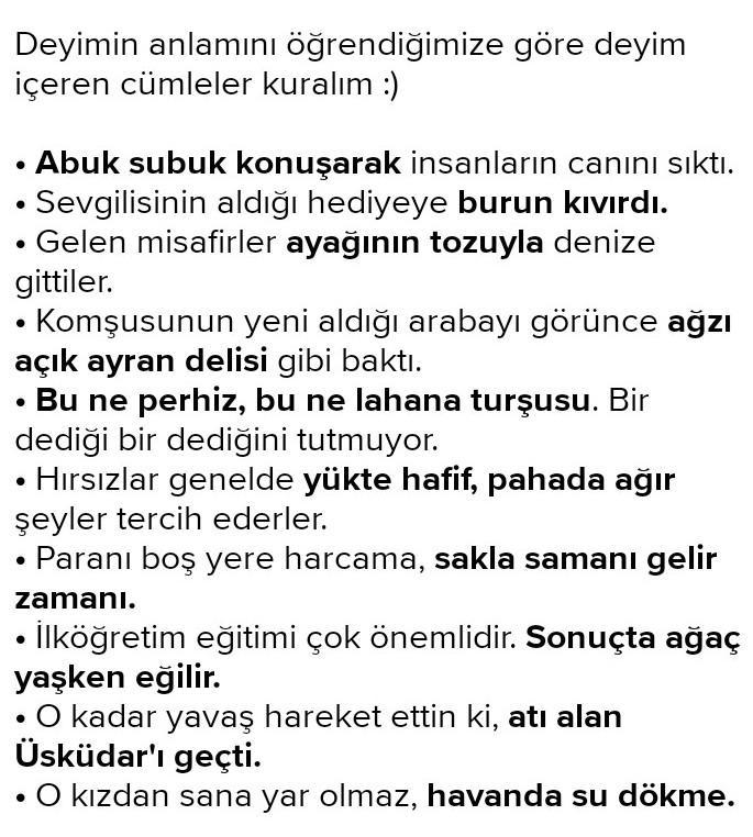 10 tane içinde deyim olan 10 tane içinde atasözü olan